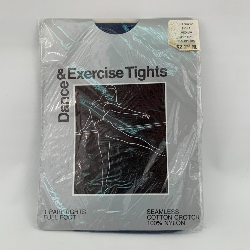 Vintage Dance & Exercise Full Foot Seamless Nylon Tights Navy Blue Medium